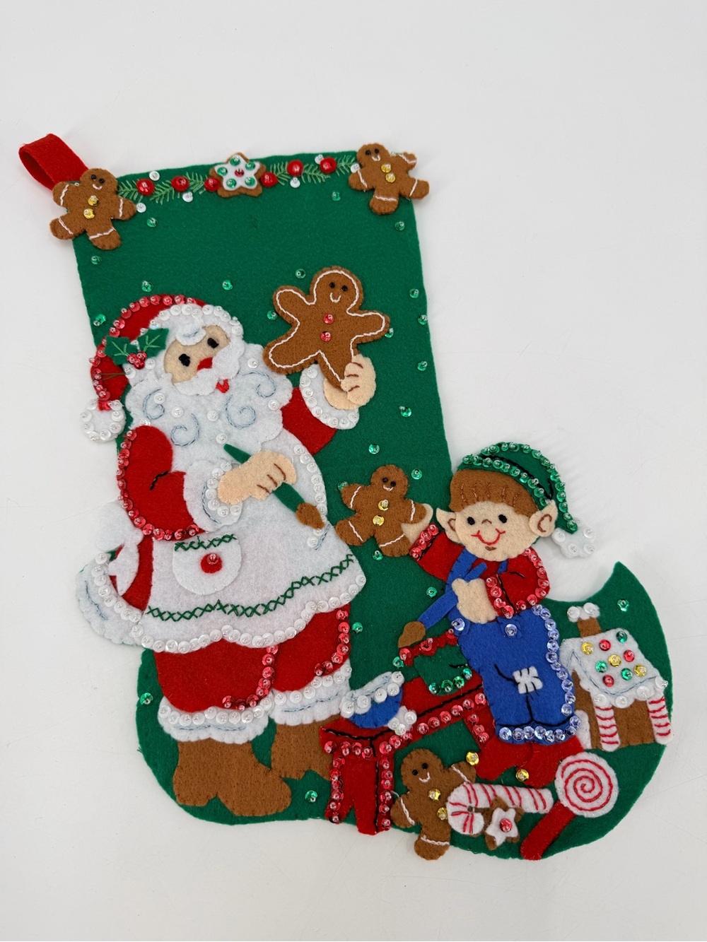 Bucilla Gingerbread Santa 16” Felt Sequin Elf Stocking Finished Completed